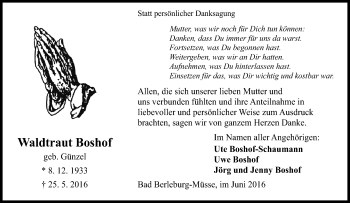 Traueranzeige von Waldtraut Boshof von Tageszeitung