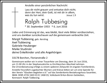 Traueranzeige von Ralph Tubbesing von Tageszeitung