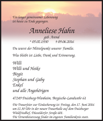 Traueranzeige von Anneliese Hahn von Tageszeitung