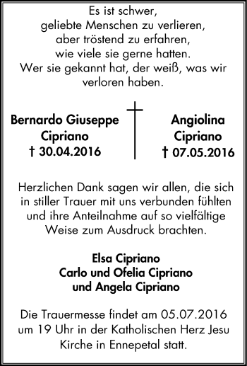 Traueranzeige von Bernardo Giuseppe und  Angiolina Cipriano von Tageszeitung