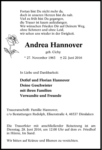 Traueranzeige von Andrea Hannover von Tageszeitung