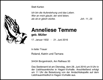 Traueranzeige von Anneliese Temme von Tageszeitung