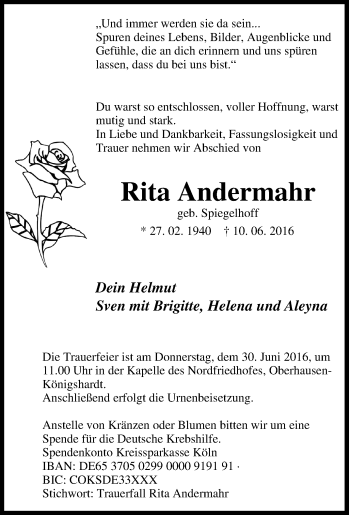 Traueranzeige von Rita Andermahr von Tageszeitung
