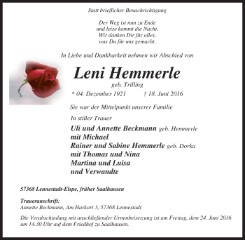 Traueranzeige von Leni Hemmerle von Tageszeitung