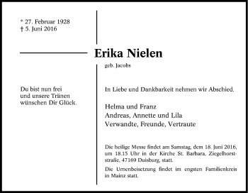 Traueranzeige von Erika Nielen von Tageszeitung