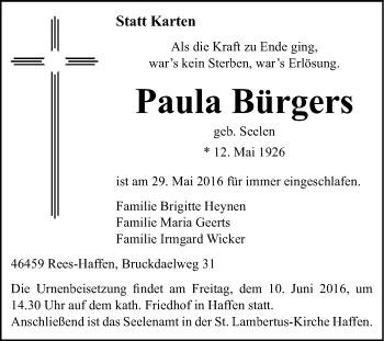 Traueranzeige von Paula Bürgers von Tageszeitung