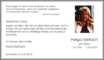 Traueranzeige von Helga Gerlach von Tageszeitung