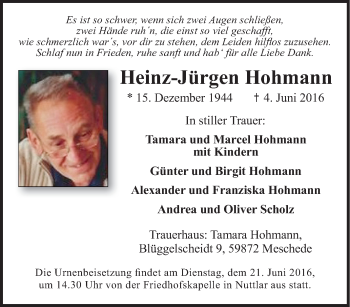 Traueranzeige von Heinz-Jürgen Hohmann von Tageszeitung
