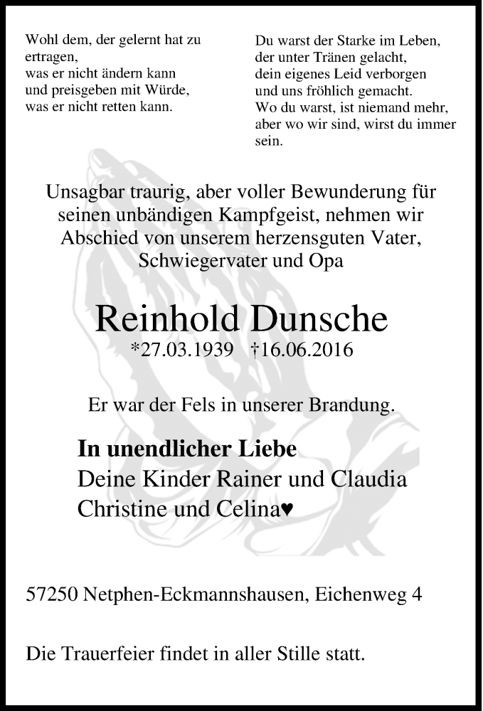  Traueranzeige für Reinhold Dunsche vom 20.06.2016 aus Tageszeitung