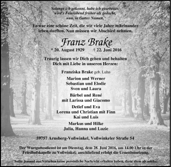 Traueranzeige von Franz Brake von Tageszeitung