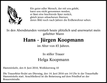 Traueranzeige von Hans-Jürgen  Koopmann von Tageszeitung