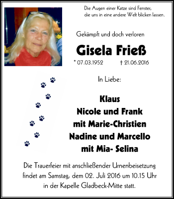 Traueranzeige von Gisela Frieß von 6790