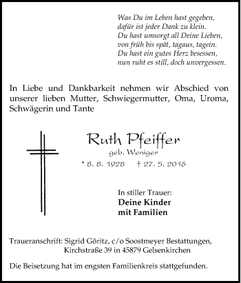Traueranzeige von Ruth Pfeiffer von Tageszeitung