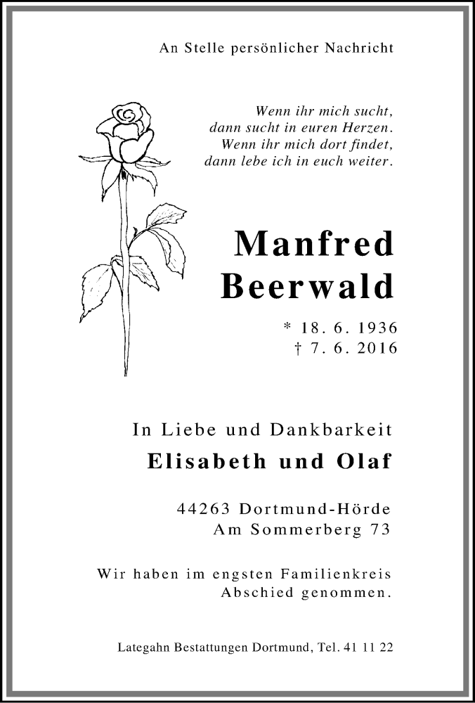 Traueranzeige für Manfred Beerwald vom 18.06.2016 aus Tageszeitung