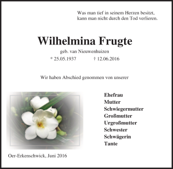 Traueranzeige von Wilhelmina Frugte von Tageszeitung