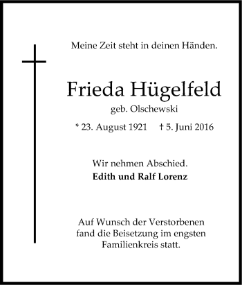 Traueranzeige von Frieda Hügelfeld von Tageszeitung
