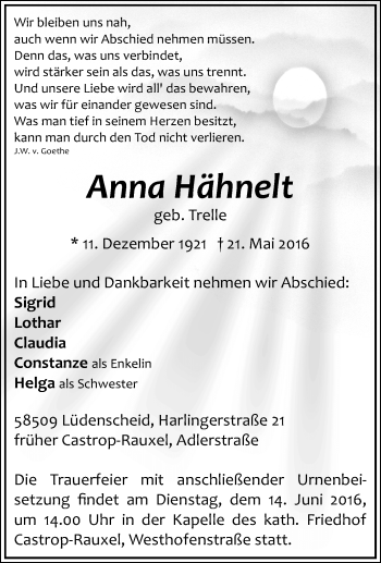 Traueranzeige von Anna Hähnelt von Tageszeitung