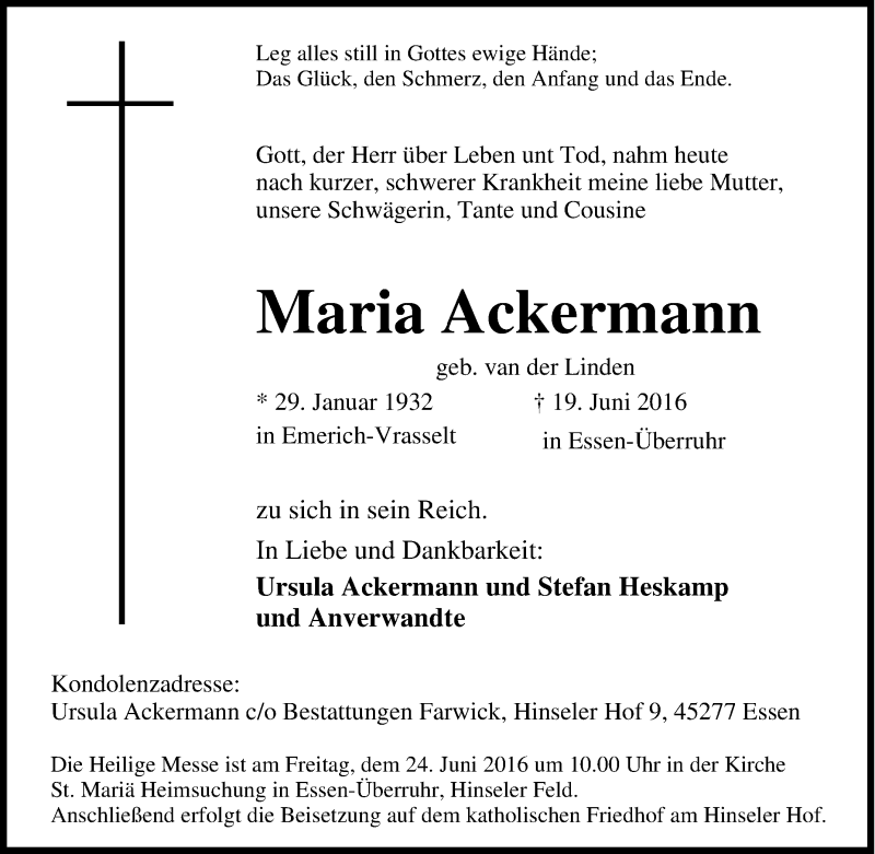  Traueranzeige für Maria Ackermann vom 22.06.2016 aus Tageszeitung