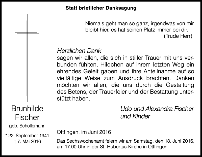  Traueranzeige für Brunhilde Fischer vom 16.06.2016 aus Tageszeitung