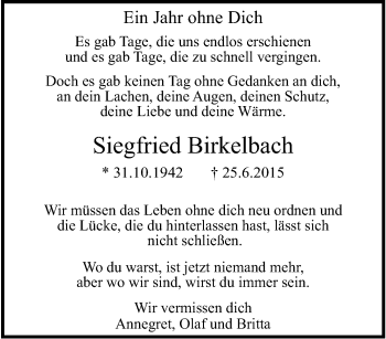 Traueranzeige von Siegfried Birkelbach von Tageszeitung