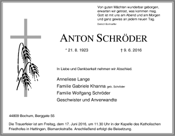 Traueranzeige von Anton Schröder von Tageszeitung
