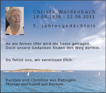 Traueranzeige von Christa Weidenbach von Tageszeitung