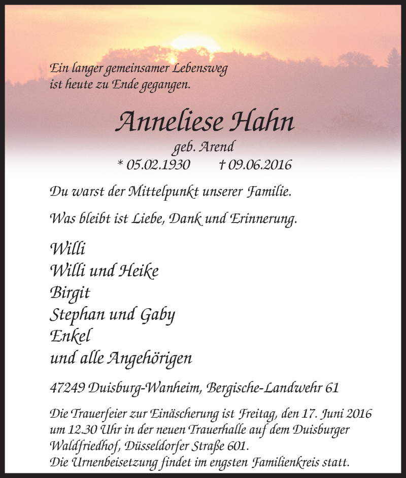  Traueranzeige für Anneliese Hahn vom 14.06.2016 aus Tageszeitung