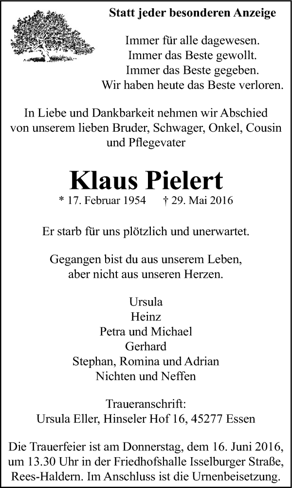  Traueranzeige für Klaus Pielert vom 11.06.2016 aus Tageszeitung