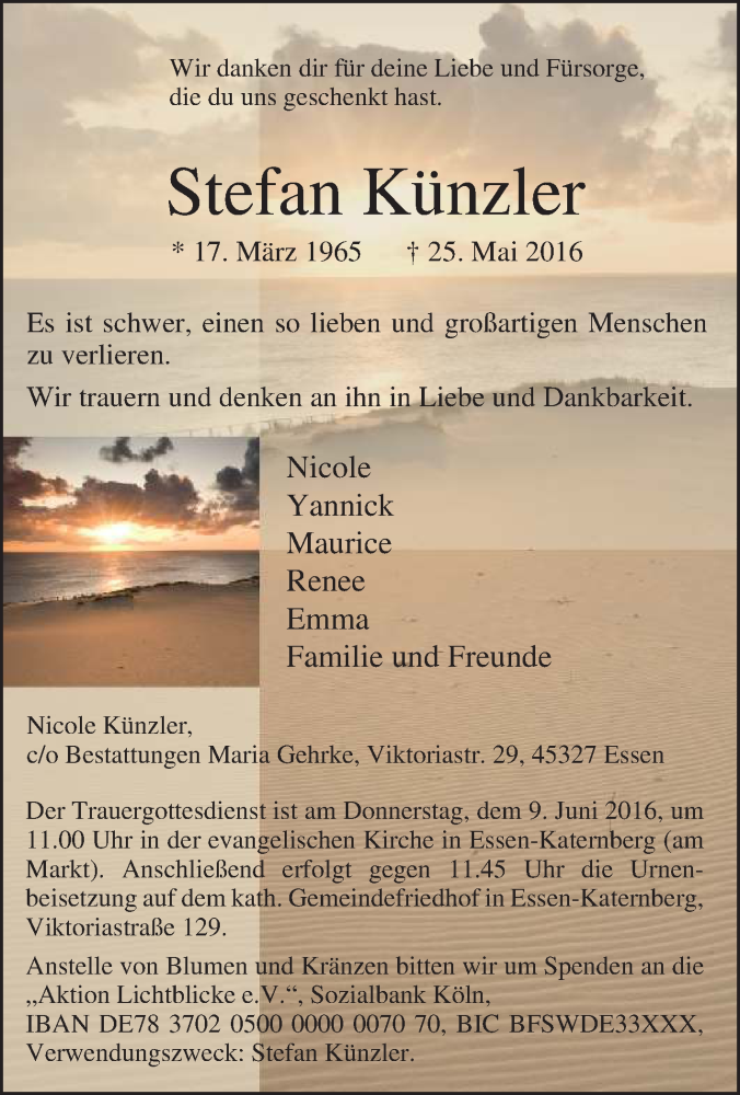  Traueranzeige für Stefan Künzler vom 03.06.2016 aus Tageszeitung