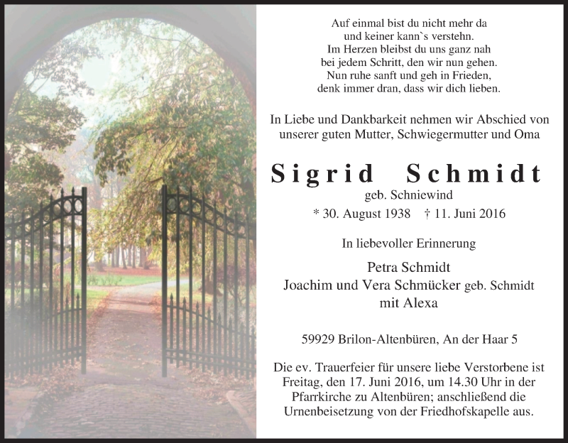  Traueranzeige für Sigrid Schmidt vom 14.06.2016 aus Tageszeitung