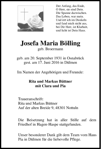 Traueranzeige von Josefa Maria Bölling von Tageszeitung