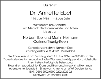 Traueranzeige von Annette Ebel von Tageszeitung