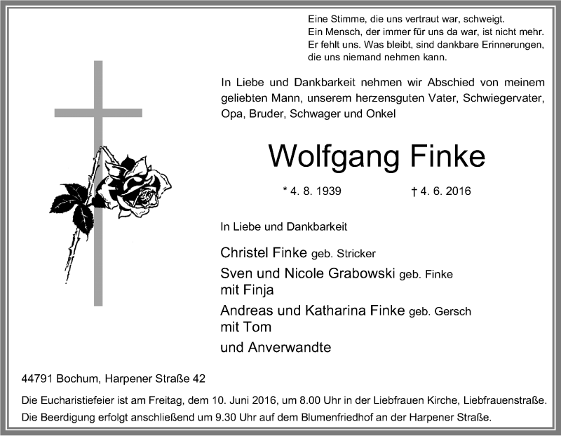  Traueranzeige für Wolfgang Finke vom 07.06.2016 aus Tageszeitung