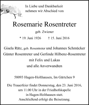 Traueranzeige von Rosemarie Rosentreter von Tageszeitung