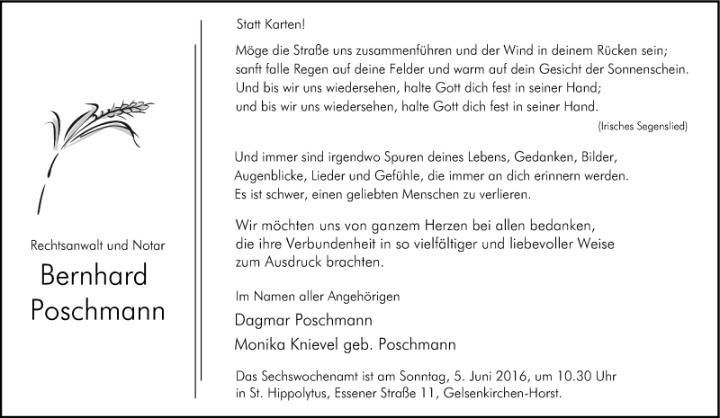  Traueranzeige für Bernhard Poschmann vom 01.06.2016 aus Tageszeitung