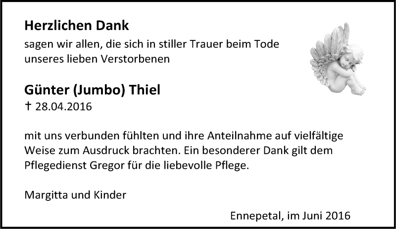  Traueranzeige für Günter Thiel vom 04.06.2016 aus Tageszeitung