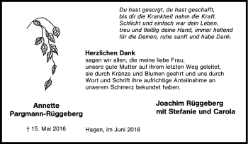 Traueranzeige von Annette Pargmann-Rüggeberg von Tageszeitung