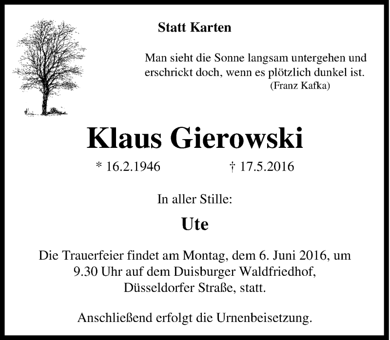  Traueranzeige für Klaus Gierowski vom 04.06.2016 aus Tageszeitung