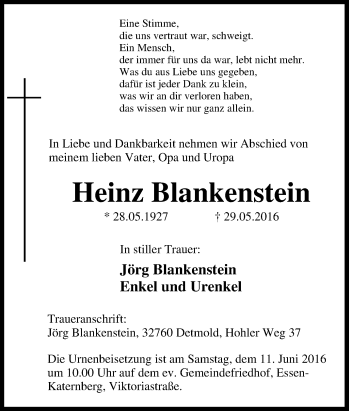 Traueranzeige von Heinz Blankenstein von Tageszeitung