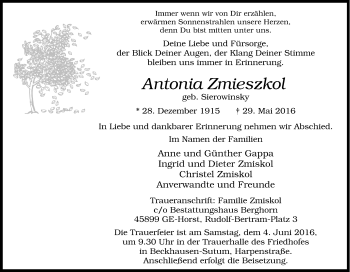 Traueranzeige von Antonia Zmieszkol von Tageszeitung