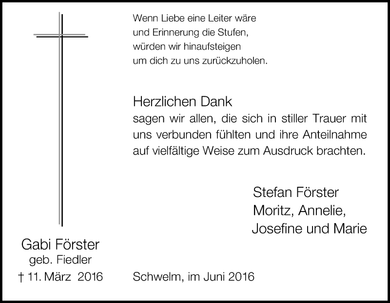  Traueranzeige für Gabi Förster vom 04.06.2016 aus Tageszeitung