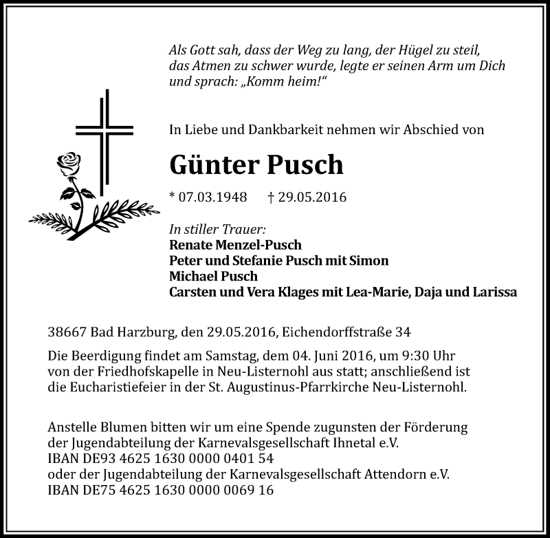  Traueranzeige für Günter Pusch vom 01.06.2016 aus Tageszeitung