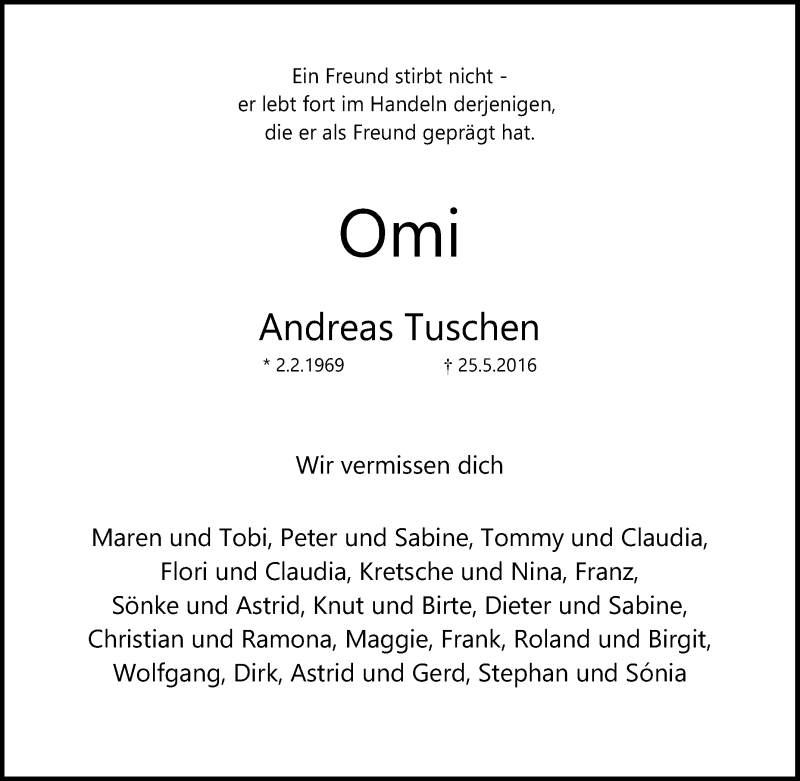  Traueranzeige für Andreas Tuschen vom 08.06.2016 aus Tageszeitung