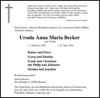 Traueranzeige von Ursula Anna Maria Becker von Tageszeitung