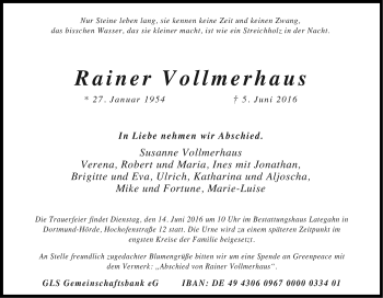 Traueranzeige von Rainer Vollmerhaus von Tageszeitung