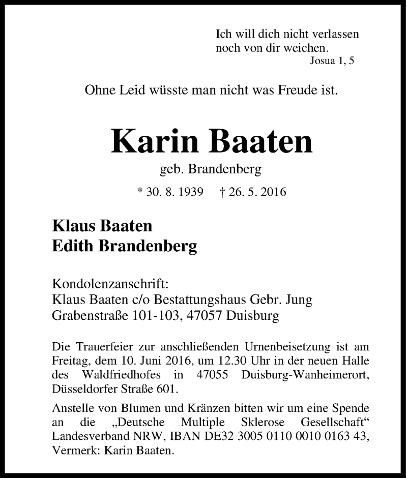  Traueranzeige für Karin Baaten vom 04.06.2016 aus Tageszeitung