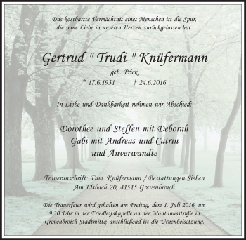 Traueranzeige von Gertrud Knüfermann von Tageszeitung