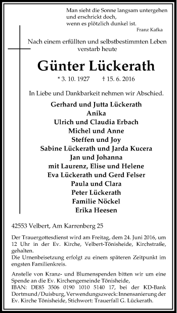 Traueranzeige von Günter Lückerath von Tageszeitung