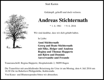 Traueranzeige von Andreas Stichternath von Tageszeitung