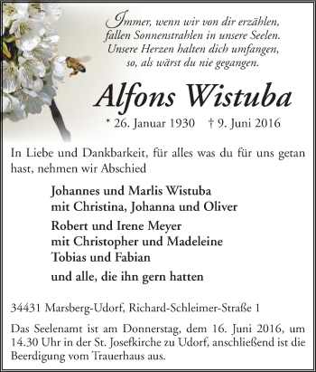 Traueranzeige von Alfons Wistuba von Tageszeitung